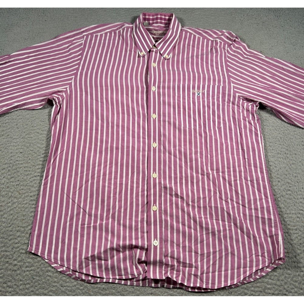 Barbour Shirt Mens Medium Pink Striped Pleated Embroidered Logo Button Down